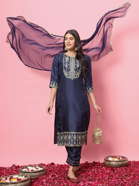Navy Blue Silk Blend Pant Suit 190974