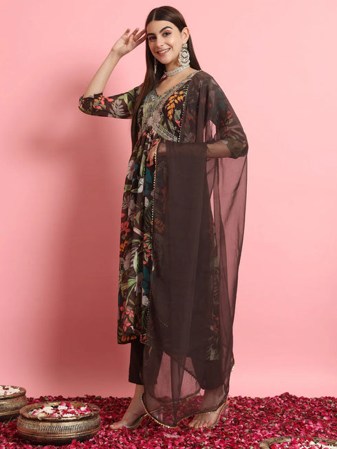 Coffee Havy Embroidery On Georgette Pant Suit 190976 Back View