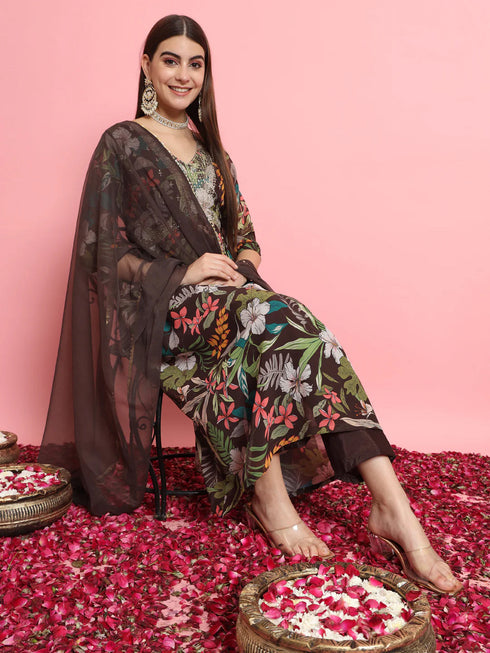 Coffee Havy Embroidery On Georgette Pant Suit 190976