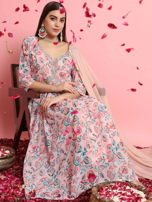 Peach Havy Embroidery On Georgette Pant Suit 190977