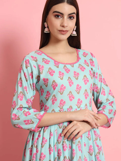 Blue Printed Viscose Rayon Pant Suit 190978 Closure View