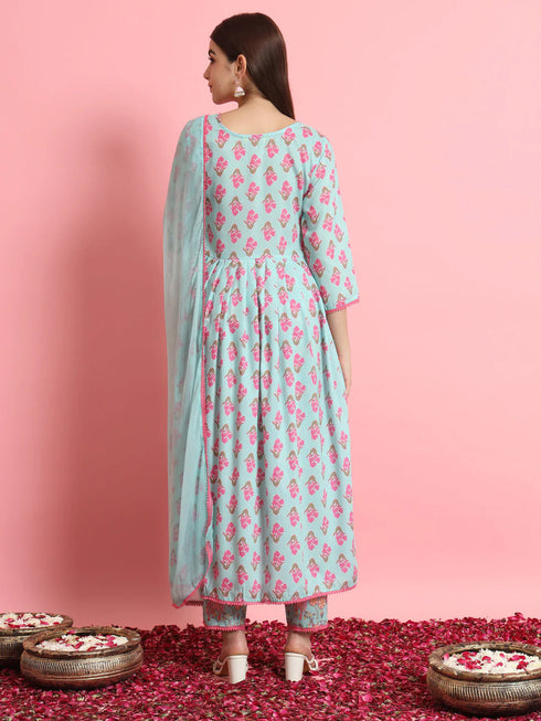 Blue Printed Viscose Rayon Pant Suit 190978 Back View