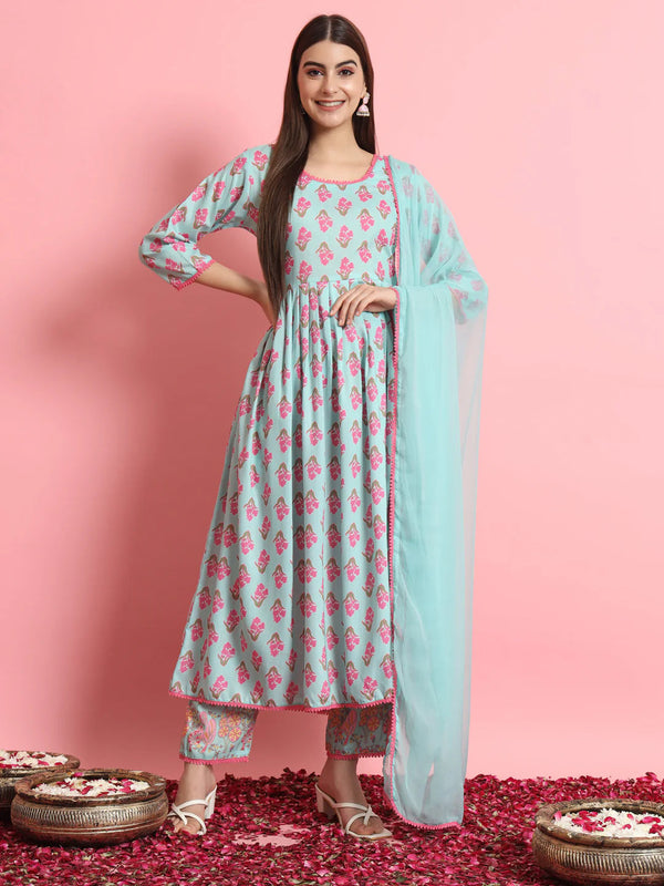 Blue Printed Viscose Rayon Pant Suit 190978