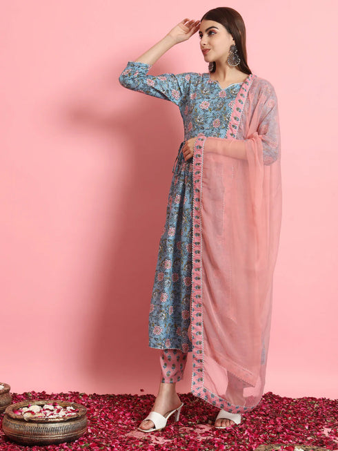 Blue Viscose Rayon Pant Suit 190985 Closure View