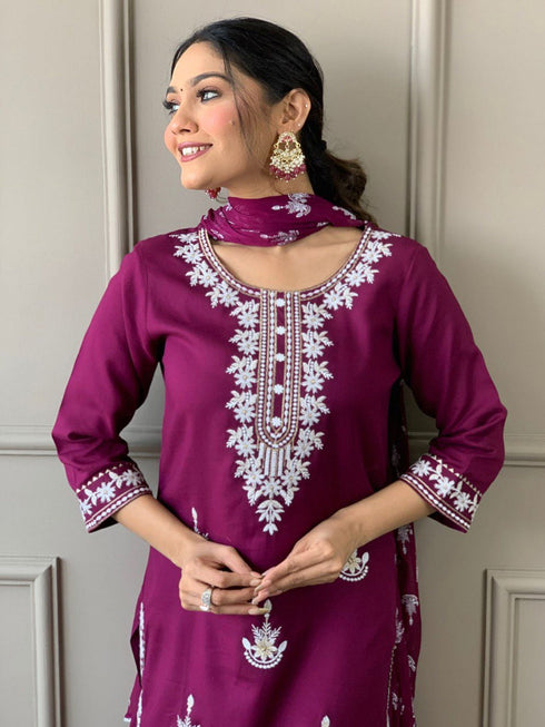 Purple Rayon Pant Suit 191016 Closure View