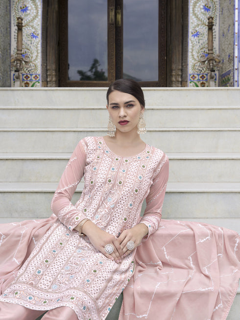 Baby Pink Faux Georgette Pant Suit 191038 Closure View