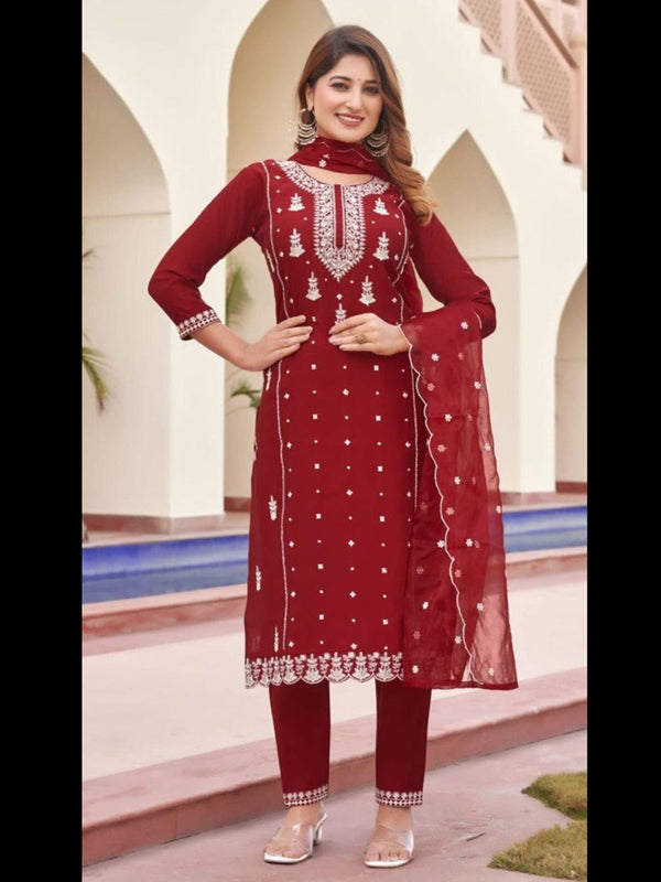 Maroon Viscose Roman Silk Pant Suit 191057