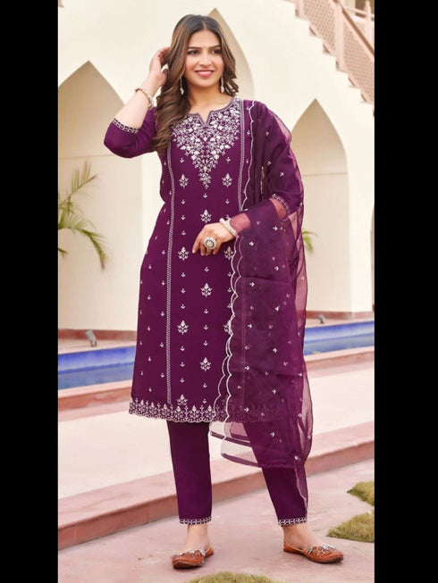 Purple Viscose Roman Silk Pant Suit 191059