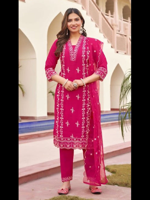Rani Pink Viscose Roman Silk Pant Suit 191060