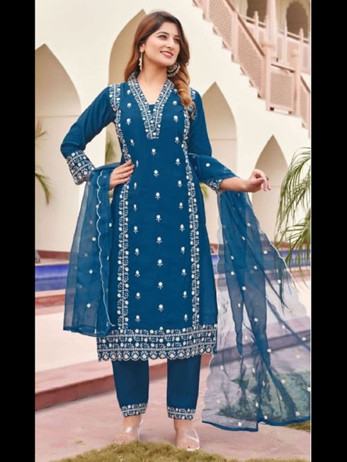 Teal Viscose Roman Silk Pant Suit 191061