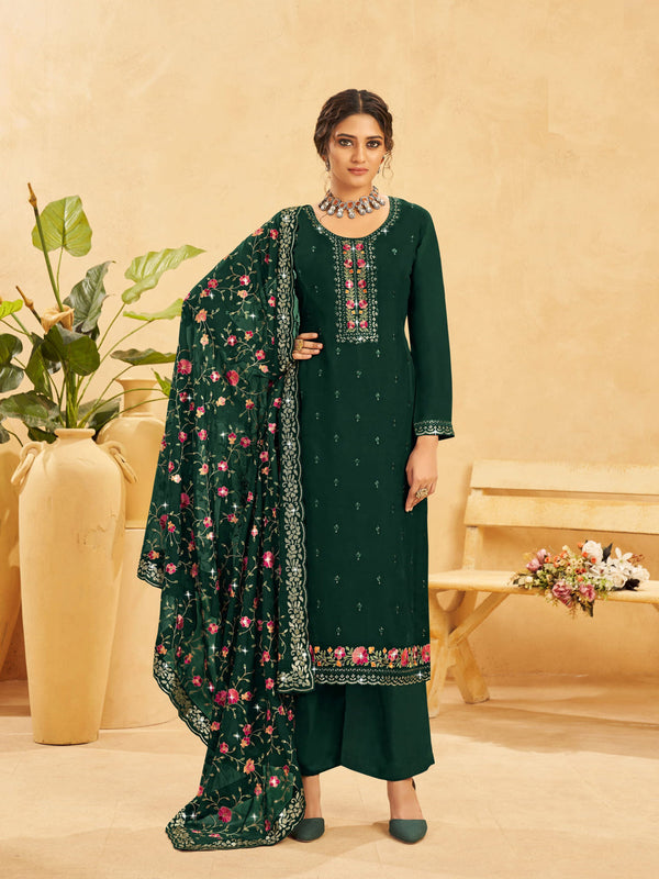 Dark Green Real Organza Palazzo Suit 191124 Closure View