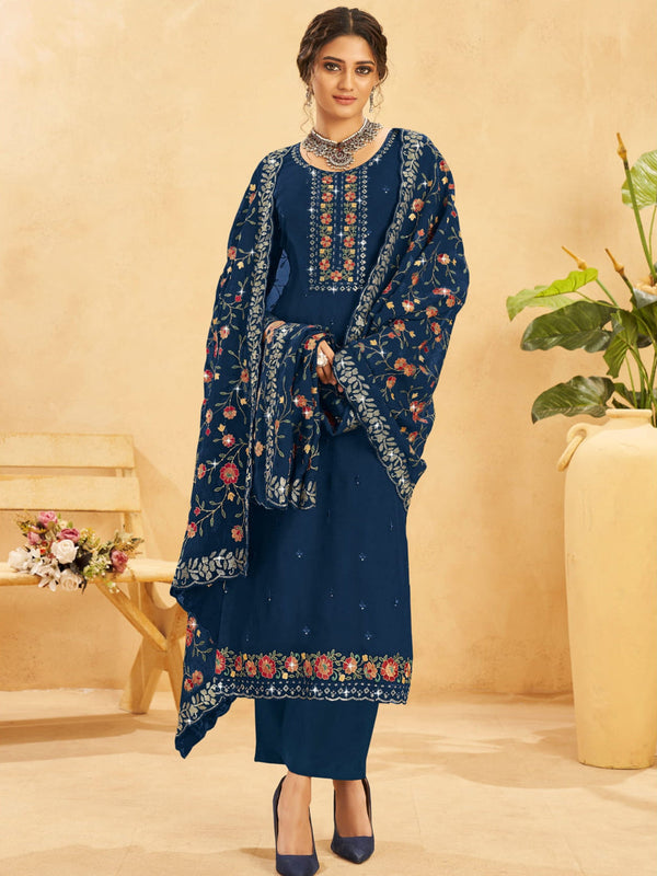 Navy Bule Real Organza Palazzo Suit 191126