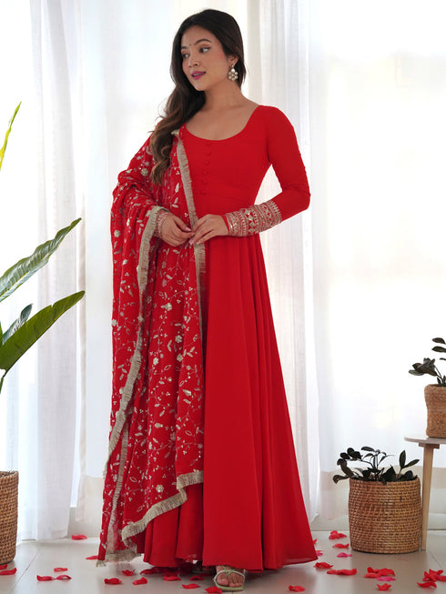 Red Heavy Pure Soft Fox Georgette Anarkali Dress 191191