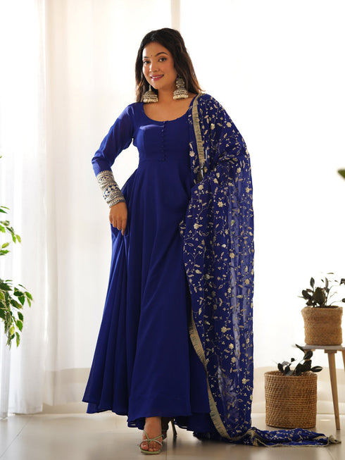 Navy Blue Heavy Pure Soft Fox Georgette Anarkali Dress 191192 Closure View