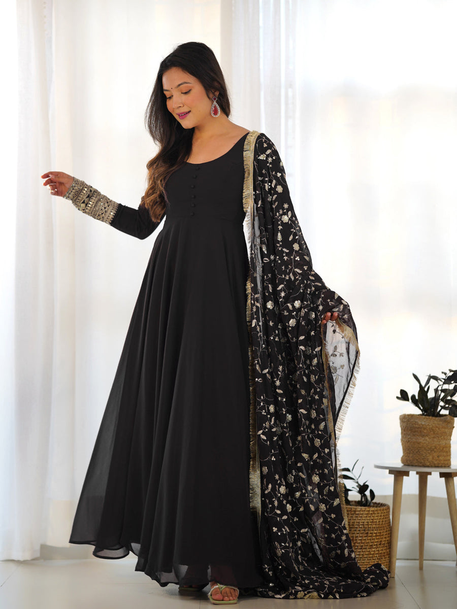 Black Heavy Pure Soft Fox Georgette Anarkali Dress 191193 Black Embroidered Sequins With Zari Work RT9908-191193 L