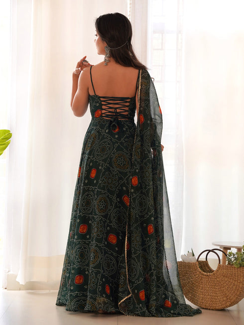 Green Pure Soft Chiffon Bandhej Anarkali Dress 191201 Closure View