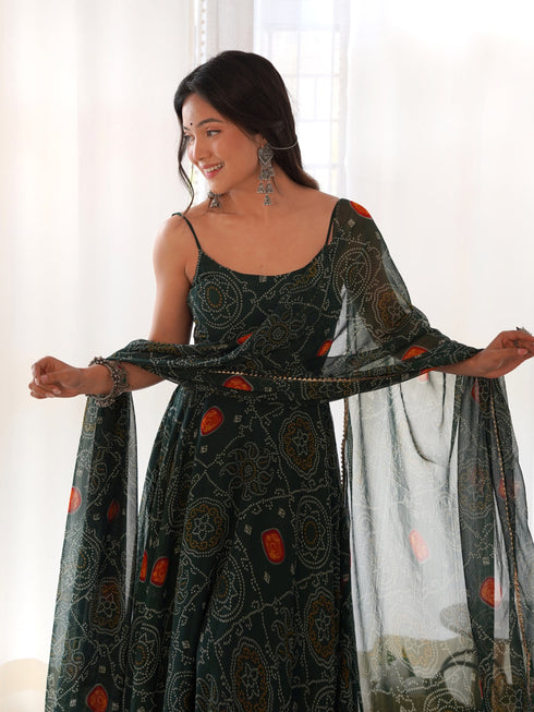 Green Pure Soft Chiffon Bandhej Anarkali Dress 191201 Back View