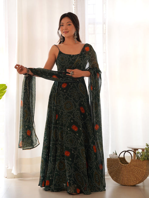 Green Pure Soft Chiffon Bandhej Anarkali Dress 191201