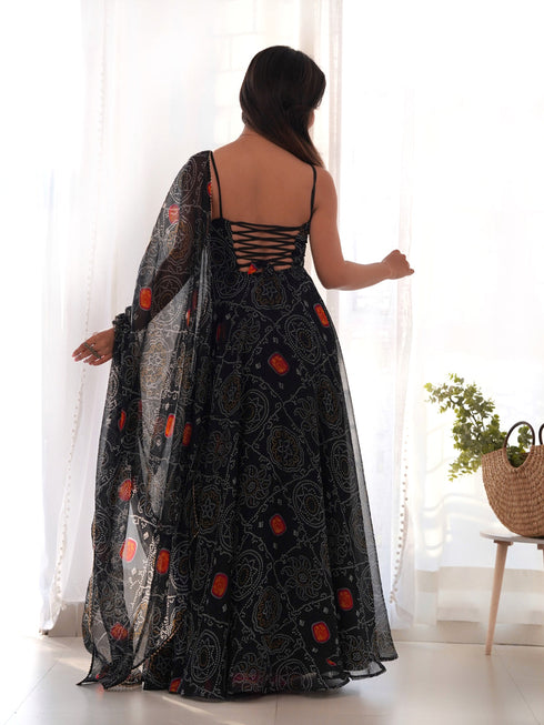 Navy Blue Pure Soft Chiffon Bandhej Anarkali Dress 191202 Back View