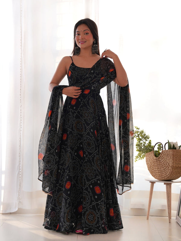 Navy Blue Pure Soft Chiffon Bandhej Anarkali Dress 191202