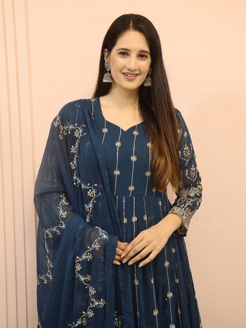 Navy Blue Fox Georgette Anarkali Dress 191205 Closure View