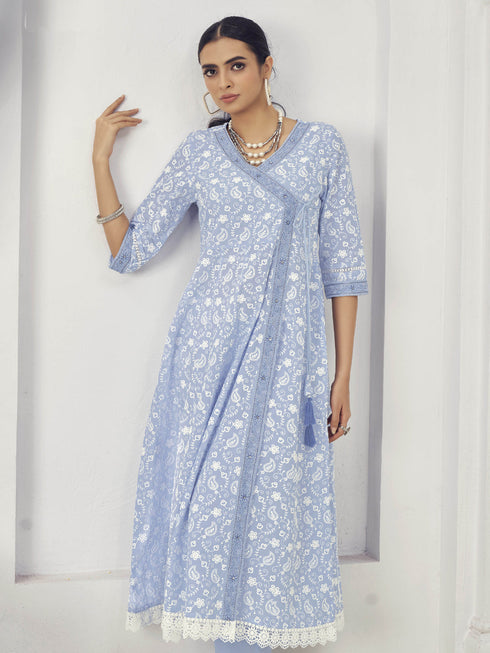 Light Bule Pure Cotton Palazzo Suit 191314 Closure View