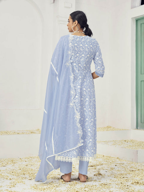 Light Bule Pure Cotton Palazzo Suit 191314 Back View