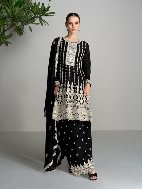 Black Heavy Blooming Chinon Palazzo Suit 191476