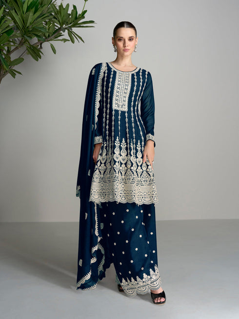 Teal Heavy Blooming Chinon Palazzo Suit 191477