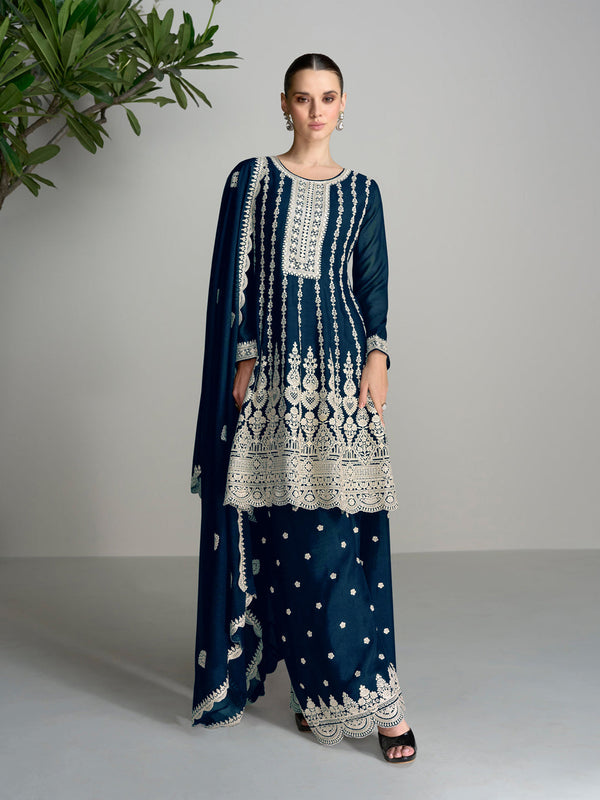 Teal Heavy Blooming Chinon Palazzo Suit 191477