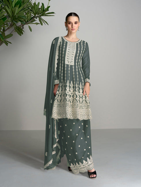 Grey Heavy Blooming Chinon Palazzo Suit 191479