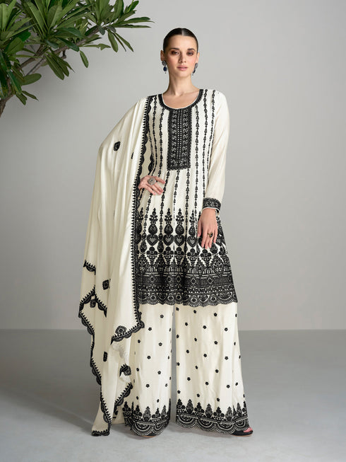 Off White Heavy Blooming Chinon Palazzo Suit 191480