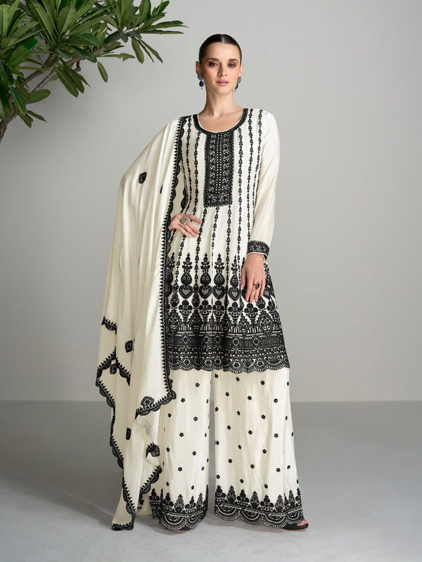 Off White Heavy Blooming Chinon Palazzo Suit 191480