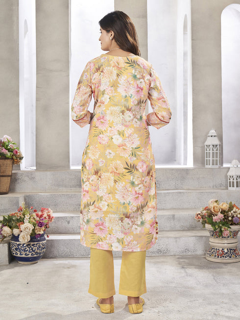 Yellow Linen Cotton Pant Suit 191539 Salwar Kameez