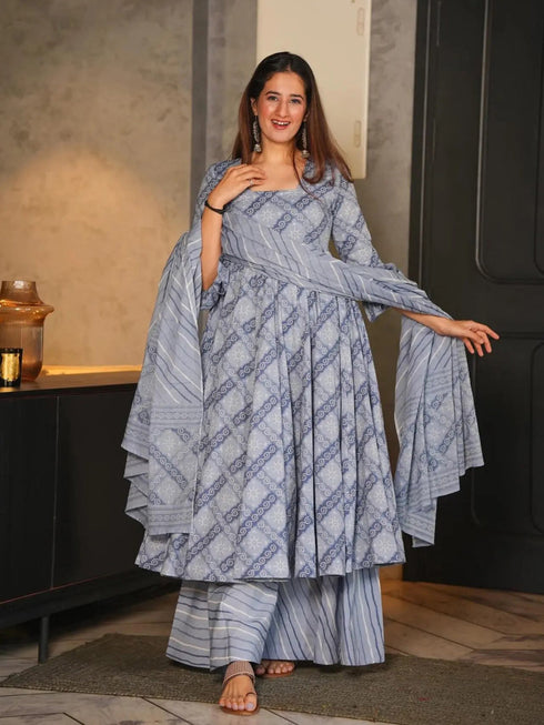 Grey Cotton Silk Anarkali Dress 191542