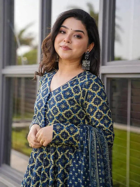 Navy Blue Cotton Silk Anarkali Dress 191544 Salwar Kameez