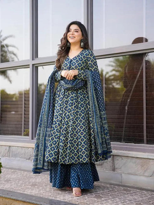 Navy Blue Cotton Silk Anarkali Dress 191544