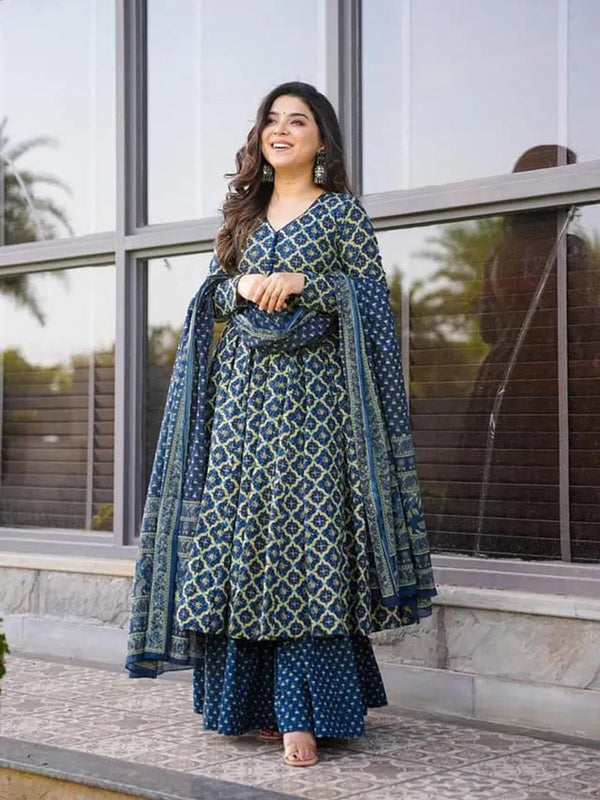 Navy Blue Cotton Silk Anarkali Dress 191544