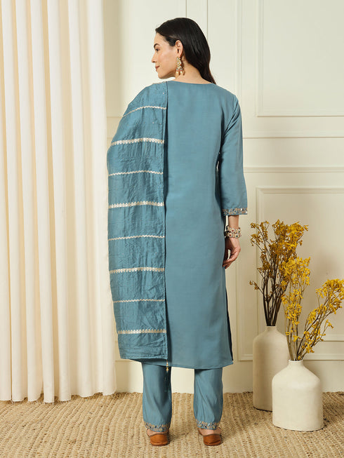 Aqua Blue Roman Silk Pant Suit 191696 Salwar Kameez