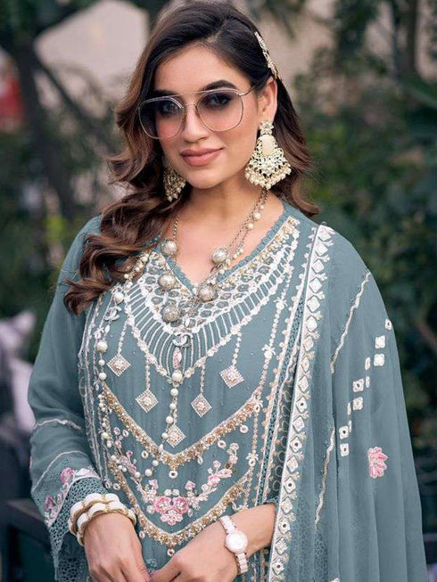 Light Teal Heavy Fox Georgette Pant Suit 191741 Closure View