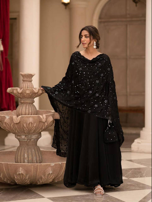 Black Roman Cotton Anarkali Dress 191756 Closure View