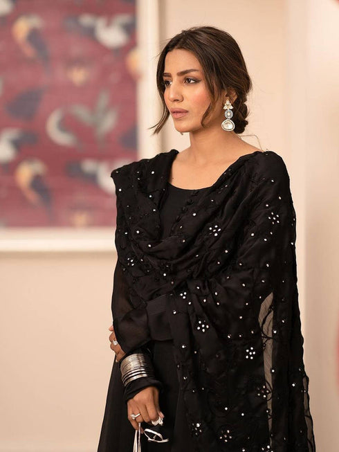 Black Roman Cotton Anarkali Dress 191756 Back View