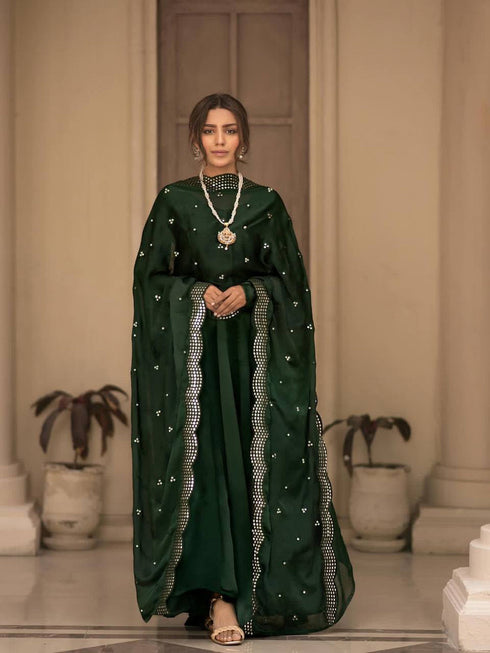 Dark Green Roman Cotton Anarkali Dress 191758 Closure View