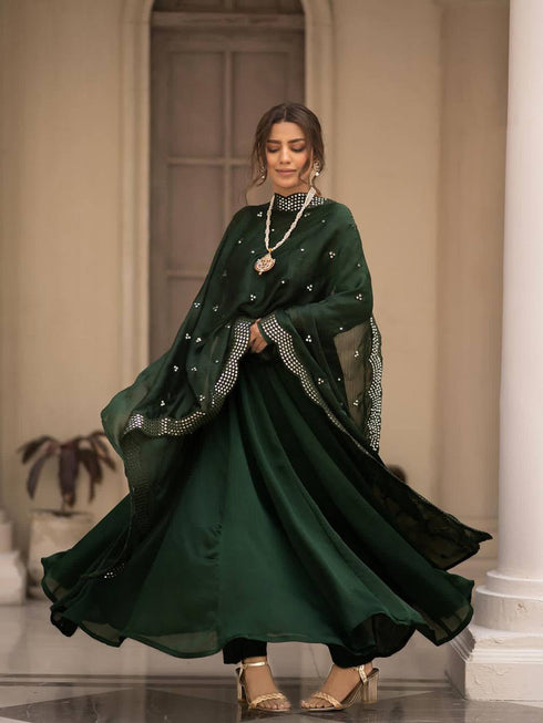 Dark Green Roman Cotton Anarkali Dress 191758 Back View