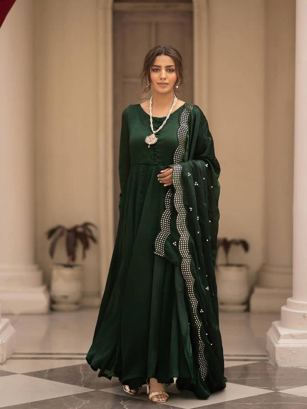 Dark Green Roman Cotton Anarkali Dress 191758