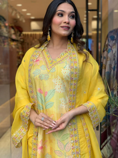 Yellow Pure Muslin Pant Suit 191851 Salwar Kameez