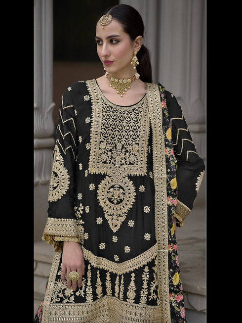 Black Heavy Chinon Sharara Suit 191869 Closure View