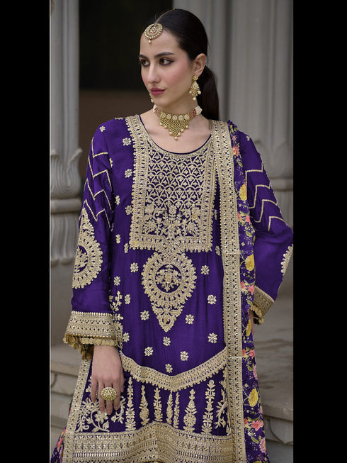 Purple Heavy Chinon Sharara Suit 191871 Closure View