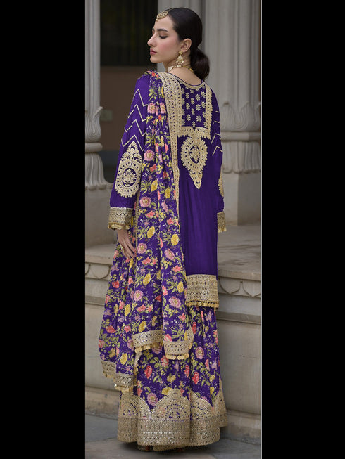 Purple Heavy Chinon Sharara Suit 191871 Back View