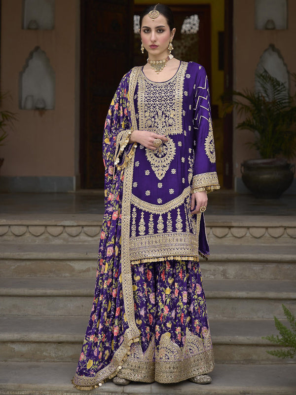 Purple Heavy Chinon Sharara Suit 191871